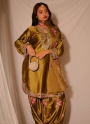 Golden Farshi Salwar Suit Set in Heavy Japan Satin with Embroidery & Organza Silk Dupatta – Ready to Wear - Image 7