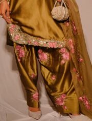 Golden Farshi Salwar Suit Set in Heavy Japan Satin with Embroidery & Organza Silk Dupatta – Ready to Wear - Image 4