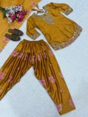 Golden Farshi Salwar Suit Set in Heavy Japan Satin with Embroidery & Organza Silk Dupatta – Ready to Wear - Image 5