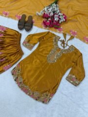 Golden Farshi Salwar Suit Set in Heavy Japan Satin with Embroidery & Organza Silk Dupatta – Ready to Wear