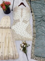 Fandy White Sharara Set in Pure Fendy Silk with Heavy Embroidery & Soft Net Dupatta – Ready to Wear - Image 2