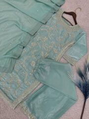 Pure GMY Silk Embroidered Suit Set with Palazzo & Georgette Dupatta – Ready to Wear (Free Shipping) - Image 6