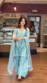 Roman Glass Silk Embroidered Farshi Palazzo Suit Set with Organza Dupatta – Ready to Wear