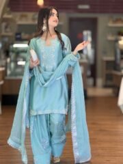Roman Glass Silk Embroidered Farshi Palazzo Suit Set with Organza Dupatta – Ready to Wear - Image 3