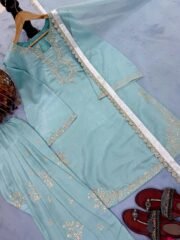 Roman Glass Silk Embroidered Farshi Palazzo Suit Set with Organza Dupatta – Ready to Wear - Image 5