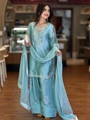 Roman Glass Silk Embroidered Farshi Palazzo Suit Set with Organza Dupatta – Ready to Wear - Image 2