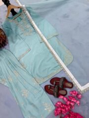 Roman Glass Silk Embroidered Farshi Palazzo Suit Set with Organza Dupatta – Ready to Wear - Image 6