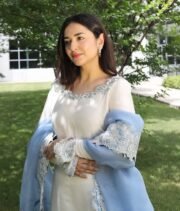 Pure Roman Glass Embroidered Suit Set with Palazzo & Organza Silk Cutwork Dupatta – Ready to Wear