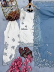 Pure Roman Glass Embroidered Suit Set with Palazzo & Organza Silk Cutwork Dupatta – Ready to Wear - Image 4